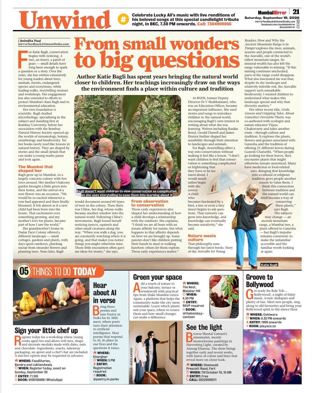 Mumbai Mirror Unwind article titled From small wonders to big questions about Katie Bagli